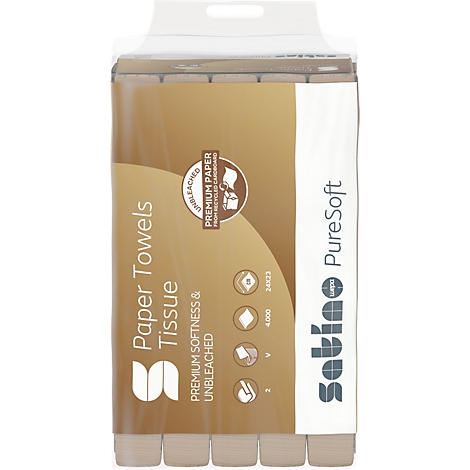 Eine Packung Papiertücher, beschriftet mit "Paper Towels Tissue", "Premium Softness & Unbleached" und dem Markennamen "Satino PureSoft".