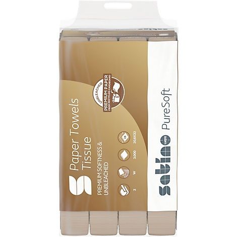 Papierhandtücher-Packung mit Beschriftung: 'PureSoft', 'Premium Softness & Unbleached'.