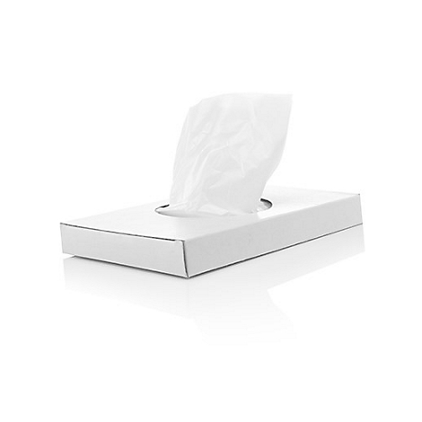 Weiße Papiertaschentücher in einer rechteckigen Schachtel, ein Taschentuch ragt heraus.