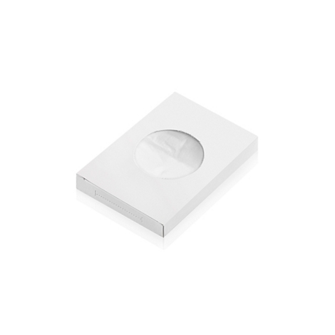 Rechthoekige witte productverpakking, met een rond kijkvenster in het midden.