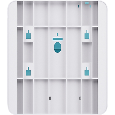 Helderwitte basis van een technisch apparaat met rechthoekige compartimenten en turquoise details. Een turquoise druppelsymbool in het midden.