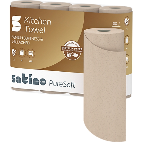 Ongebleekte keukenrol met productinformatie en logo, één rol op de voorgrond.