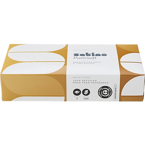 Rechteckige Box Satino PureSoft Kosmetiktücher, weißer Mittelstreifen mit Logo, goldgelbes Muster, umweltfreundlich.