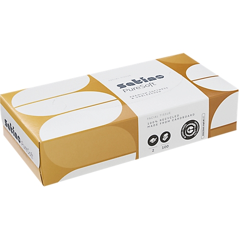 Rechteckige Box mit Kosmetiktüchern von Satino PureSoft in Weiß und Ockergelb.