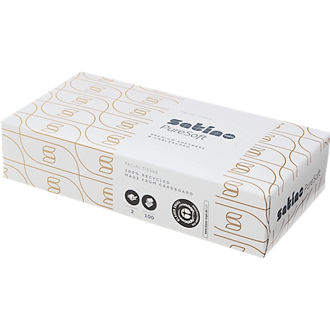 Rechteckige Box mit Satino PureSoft Kosmetiktüchern in weißem Design mit goldenen geschwungenen Linien.