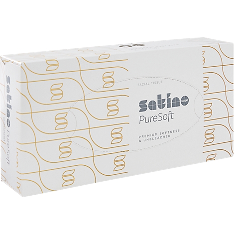 Weiße Kosmetiktücherbox von Satino PureSoft mit goldenem Wellenmuster und grauem Logoaufdruck.