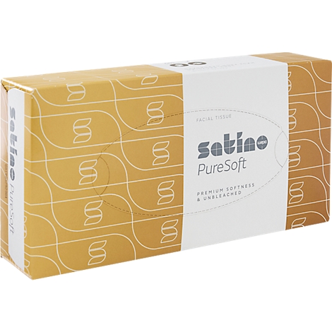 Rechteckige Box mit Kosmetiktüchern in Ocker mit weißem Streifen und Satino PureSoft Logo.