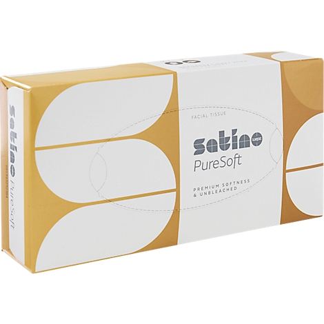 Rechteckige Verpackung Satino PureSoft Kosmetiktücher in Weiß und Ockergelb mit modernem Bogendesign.