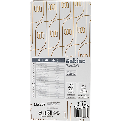 Rückseite einer Satino PureSoft Kosmetiktücher-Box mit Produktinformationen, FSC-Logo und Barcode.