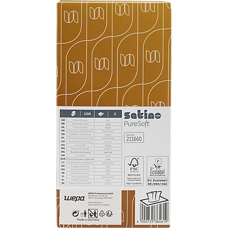 Produktverpackung von Satino PureSoft Kosmetiktüchern mit ökologischen Zertifizierungen und Produktinformationen.