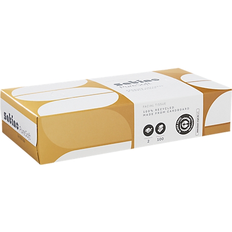 Rechteckige Box mit Kosmetiktüchern, braun-weißes Design, beschriftet mit Satino PureSoft und Blauer Engel Symbol.