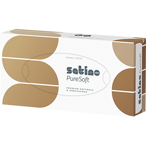 Taschentücher-Box von Satino PureSoft, weiß mit braunen Akzenten. Aufdruck: "Premium Softness & Unbleached".