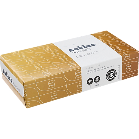Rechteckige Box mit Satino PureSoft Kosmetiktüchern in Ocker mit weißer Banderole und Umweltsiegel.