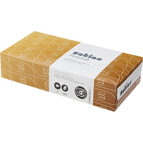 Rechteckige Box mit Kosmetiktüchern der Marke Satino PureSoft in ockergelb mit weißem Muster und Papierbanderole.
