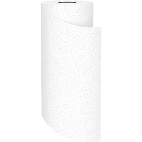 Rolle weißes Küchenpapier. Auf der Oberfläche sind Muster aus kleinen Punkten erkennbar.
