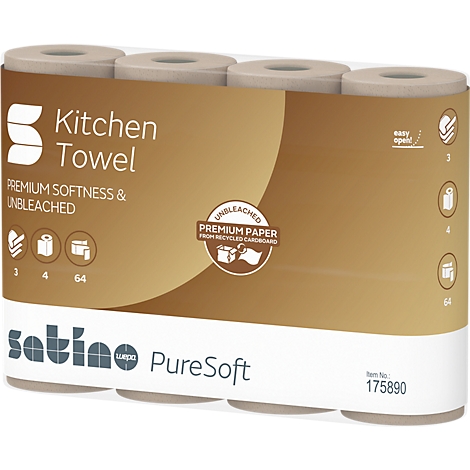 Verpackung mit Küchenrollen, braun und weiß, mit Aufschriften wie 'Kitchen Towel' und 'PureSoft'.