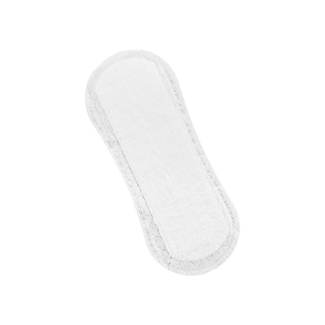 Een wit vrouwelijk hygiëneproduct, langwerpig ovaal, met een zacht, gewatteerd oppervlak op een witte achtergrond.