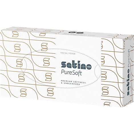 Een doos Satino PureSoft tissues. Witte doos met gouden, gebogen patronen, logo en tekst.