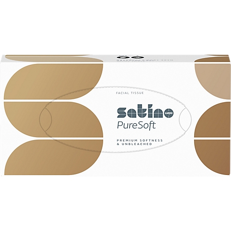 Tissuebox met bruin-gouden designs en de tekst 'Satino PureSoft'.