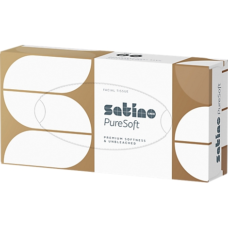 Tissuebox, wit met bruine accenten. Tekst: Satino PureSoft, Premium Softness & Unbleached.