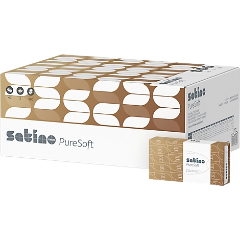 Verschillende dozen Satino PureSoft tissues in een bruin en wit design. Eén grote doos en twee kleine dozen staan afgebeeld.
