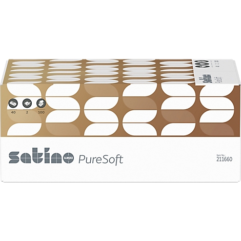 Doos tissues, bruin en wit patroon. Tekst: Satino PureSoft.