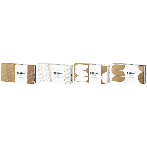 Een reeks van vier zeepverpakkingen in verschillende designs. De naam "Sakino PureSoft" staat erop gedrukt.