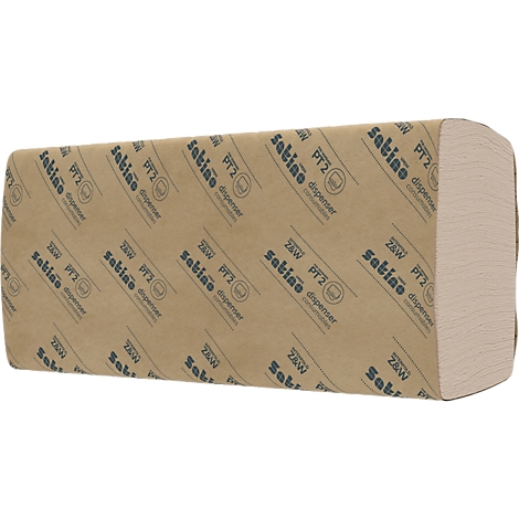 Een pakket papieren handdoeken met opdruk. Rechthoekige vorm, bedekt met bedrukt papier, opschrift 'Satino'.