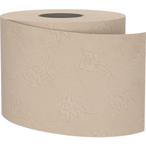 Rol toiletpapier met ingeslagen bloemenpatroon, beige.