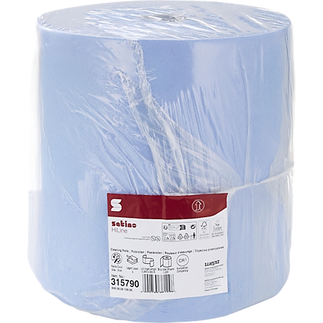 Große, in durchsichtige Folie eingepackte Putzpapierrolle in Blau mit weißem Etikett der Marke Satino.