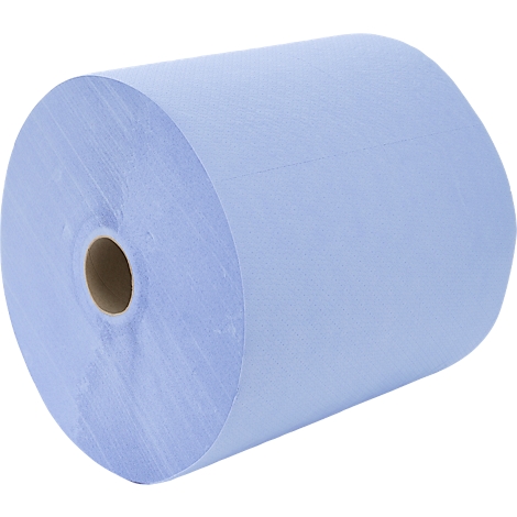 Blaue Papierwischtuchrolle auf einem Pappkern vor weißem Hintergrund.