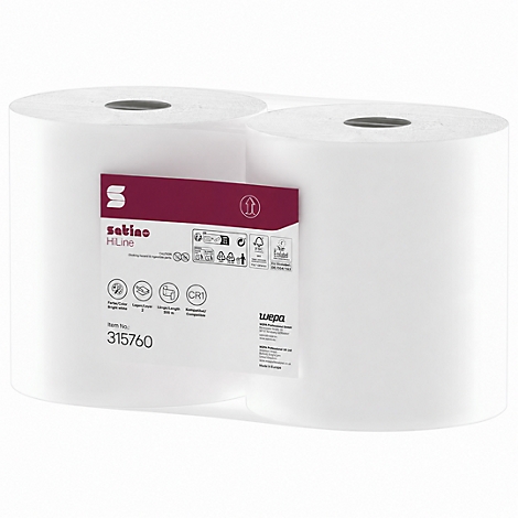 Zwei weiße Rollen Handtuchpapier mit einem Etikett von Satino HiLine, Artikelnummer 315760, auf weißem Hintergrund.