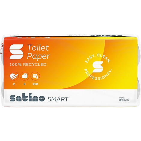 Verpakking toiletpapier met oranje achtergrond en bedrukkingen, waaronder: "Toilet Paper", "100% Recycled", en "Satino SMART".