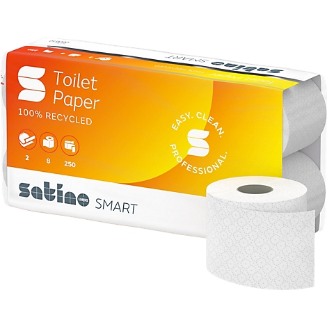 Toiletpapierverpakking met een rol. Afdrukken: 'Toilet Paper', '100% Recycled', 'Easy. Clean. Professional'.