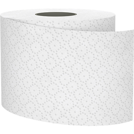 Close-up van een rol toiletpapier met een geometrisch patroon.