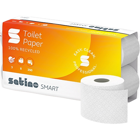 Pakje toiletpapier met een losse rol ervoor. Opschrift: Satino SMART, 100% gerecycled. Oranje-gele achtergrond.