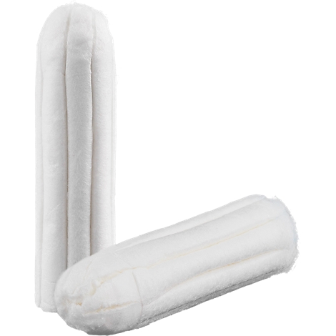 Zwei weiße Tampons mit Längsrillen vor weißem Hintergrund.
