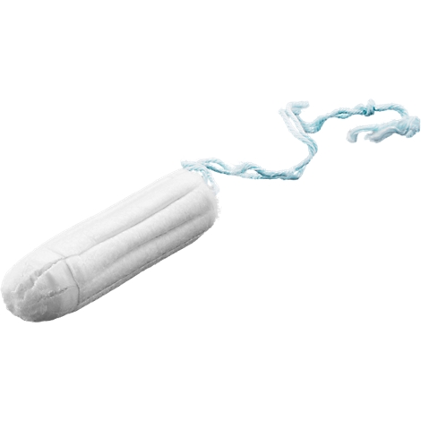 Een witte katoenen tampon met een lichtblauw terugtrekkoordje op een witte achtergrond.