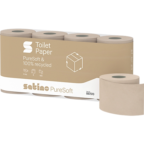 Vier Rollen hellbraunes Satino PureSoft Toilettenpapier in einer recycelten Papierverpackung.
