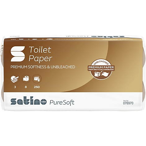 Packung Toilettenpapier, brauner Hintergrund, Schriftzug: Toilet Paper, Premium Softness & Unbleached. Logos: 3, 8, 250, Satino PureSoft.