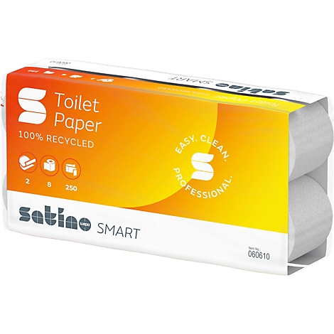 Packung Toilettenpapier mit "Toilet Paper" Aufdruck, gelbem Hintergrund und Satino Smart Logo.