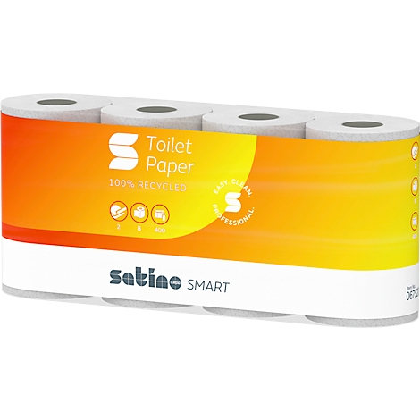 Packung mit vier Rollen Satino Smart Toilettenpapier in orange-gelber Folienverpackung.
