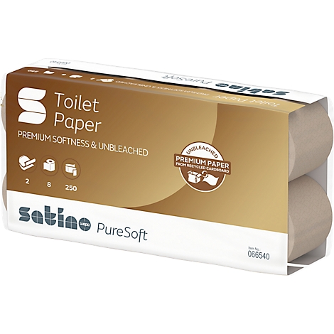 Packung Toilettenpapier mit Schriftzug 'Toilet Paper', 'Premium Softness & Unbleached'. Braune Rollen, Logo 'Satino PureSoft'.