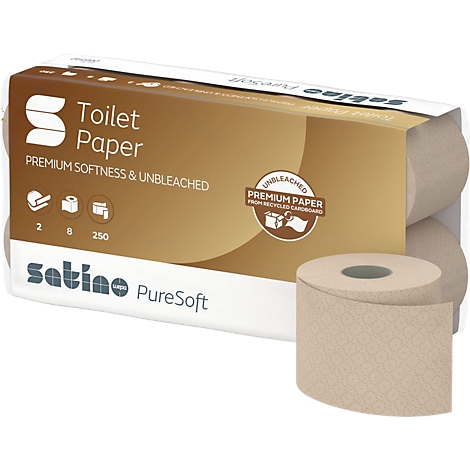 Packung Toilettenpapier mit einem losen Rolle davor. Aufschrift: Premium Softness & Unbleached. Marke: Satino PureSoft.
