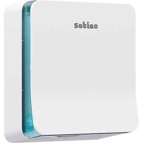 Witte wanddispenser met blauwe binnenrand, het logo "satino" is afgebeeld.