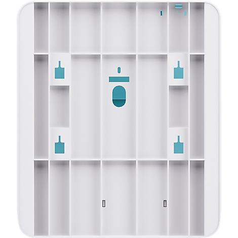 Wit, rechthoekig object met verticale en horizontale onderverdelingen, turquoise elementen.