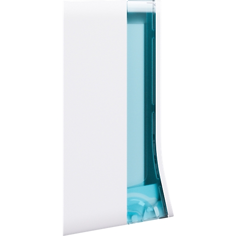 Een witte, rechthoekige dispenser met een transparante, turkooizen inzet.