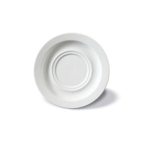 White saucer with a raised inner surface. The saucer is in front of a white background.