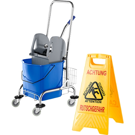 Blue mop bucket cart next to a yellow sign with "Attention Slippery" warning.