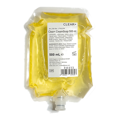 Recharge de 500 ml de savon crème jaune de Clear+. Étiquette blanche sur un sachet transparent.